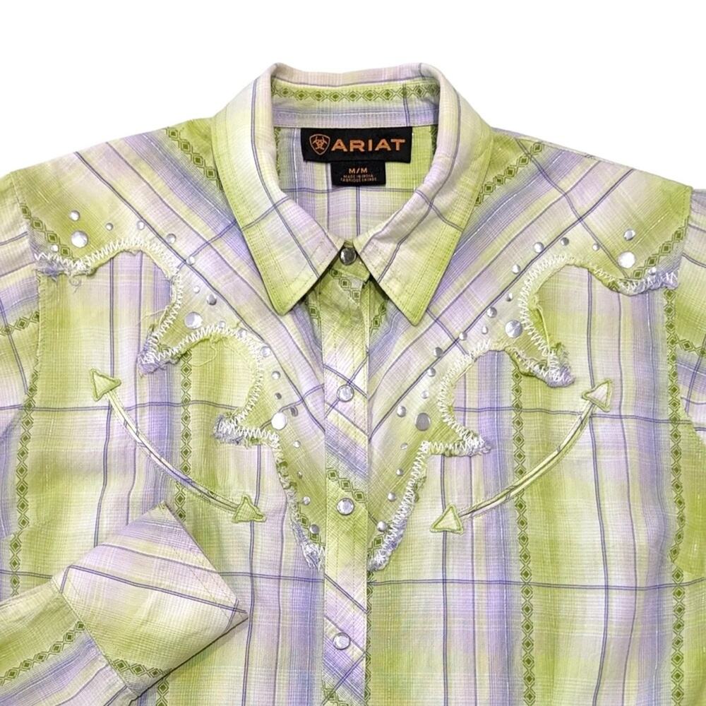 Ariat Light Green Plaid Rhinestone Snap Studded Western Shirt L
